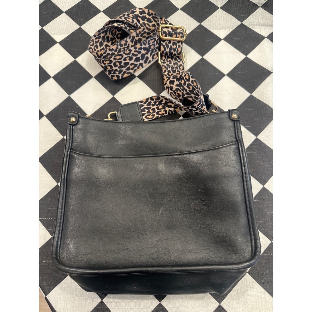 Chic Black Crossbody Bag with Leopard Print Guitar Strap Gold Hardware purse